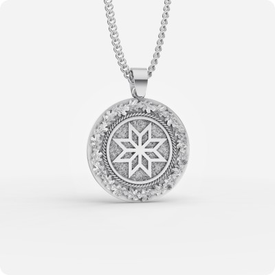 Оберег Алатырь из серебра в дубовых листьях Оберег Алатырь из серебра в дубовых листьях